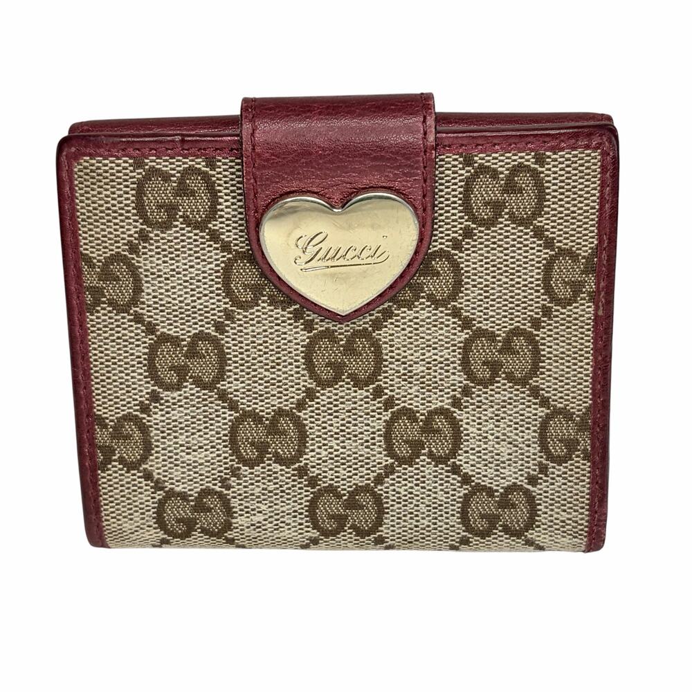 Gucci GG Canvas Compact Wallet in Metallic Burgundy w/ Heart Closure Italy